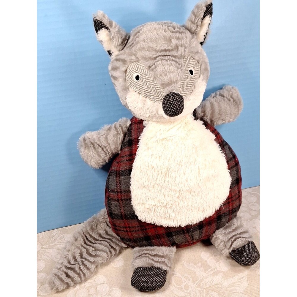 Pier 1 Imports Bentley Gray Fox Plush Stuffed Animal Plaid Stuffie Toy 15"